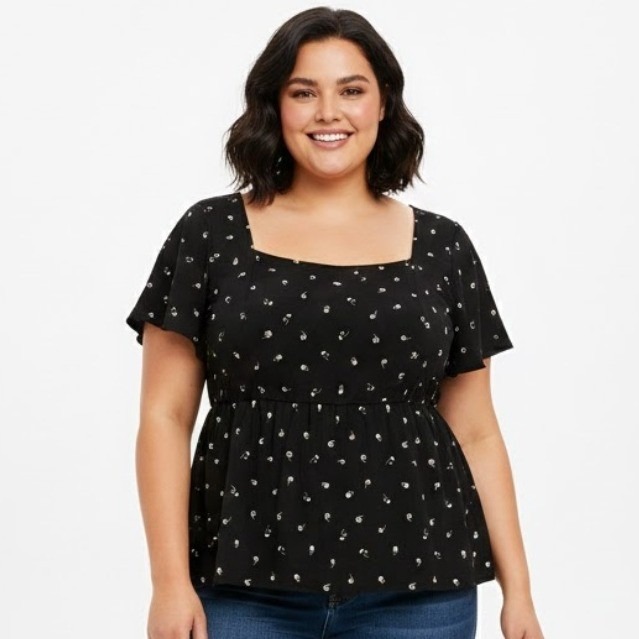 New Torrid Black Floral Print Square Neck Flutter Sleeve Peplum Top 1 Boho Fairy